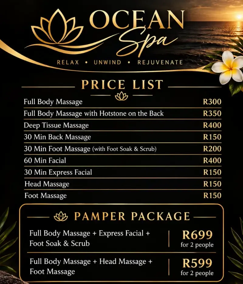 Ocean Spa full price list flyer with massages, facials, foot soaks and pamper packages